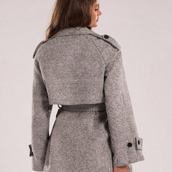 Grey Casual Women's Drop-Shoulder Sleeve Plaid Oversized Trench Coat - Picture 2 of 8